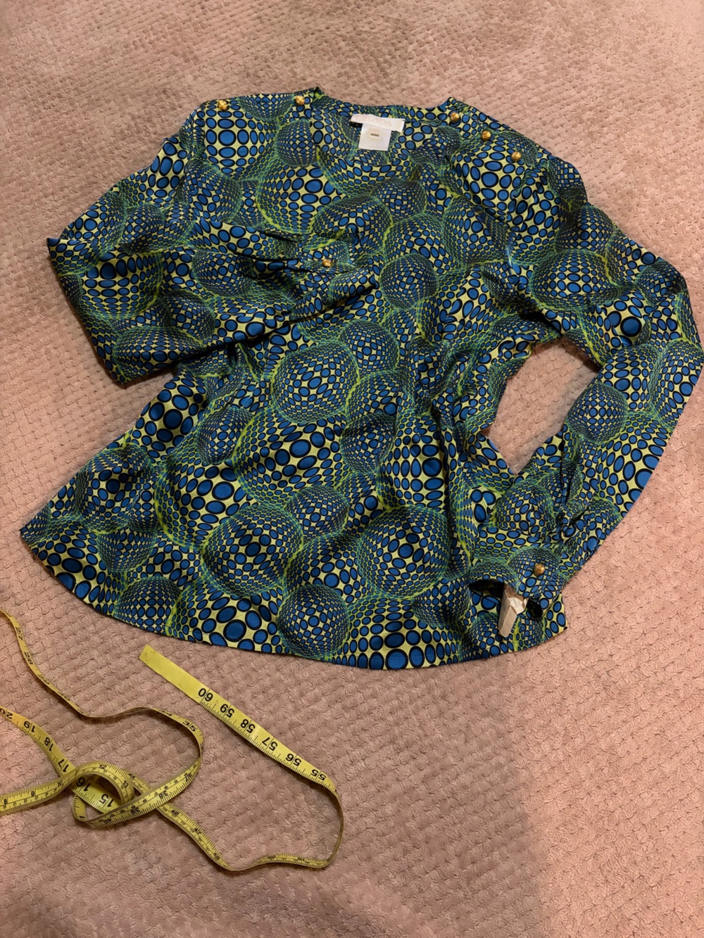 Escada Blue and Green Geometric-Print Long Sleeve Blouse